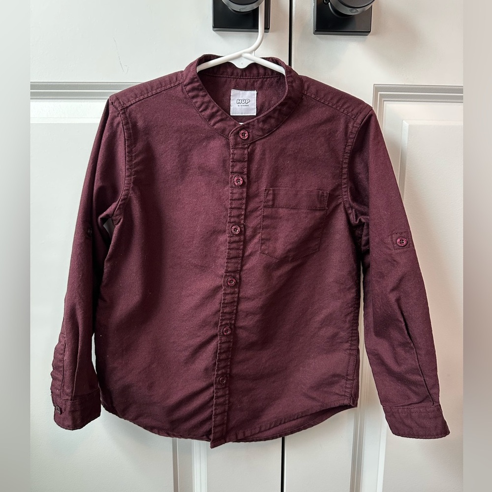 HOP Boys Burgundy Button Down Roll Tab Shirt (Size 4-5)